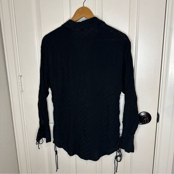 Savage X Fenty Black Lace Up Sides Voile Monogram Button Down Sleep Shirt Sz XS - Picture 4 of 7